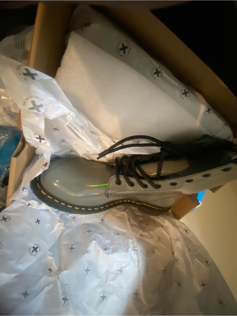 Dr. Martens Glossy Gray Lace-Up Combat Boots with Yellow Stitching